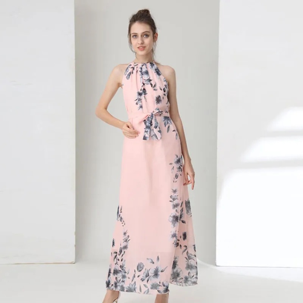 Elegant Long Summer Pink Floral Halter Dress